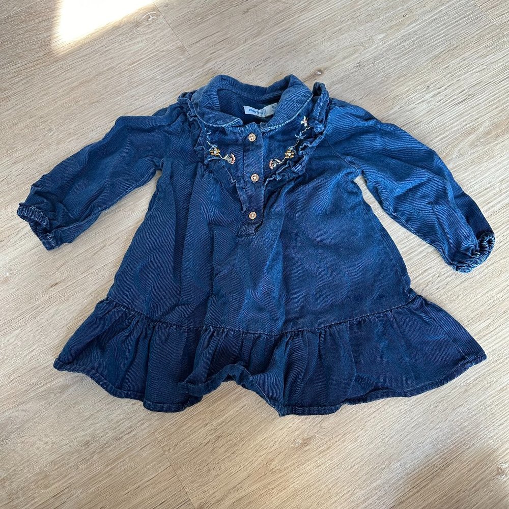 Mayoral Baby Girl Long Sleeved Floral Stitch Collared Dress in Blue, Size 9M